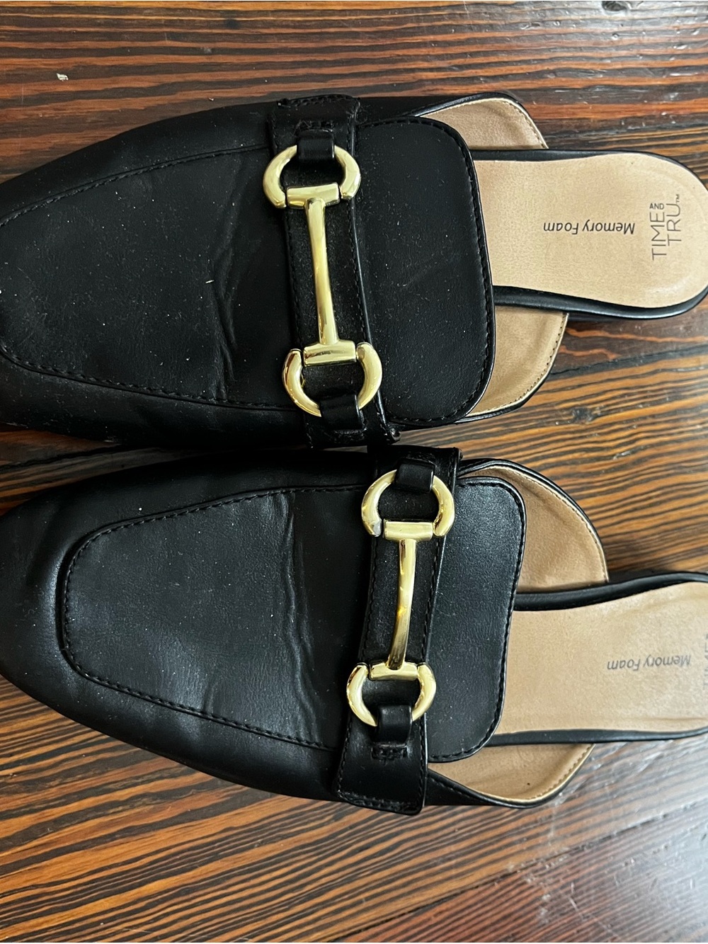 Time and Tru Black Slip-On Mules with Gold Bit Accent